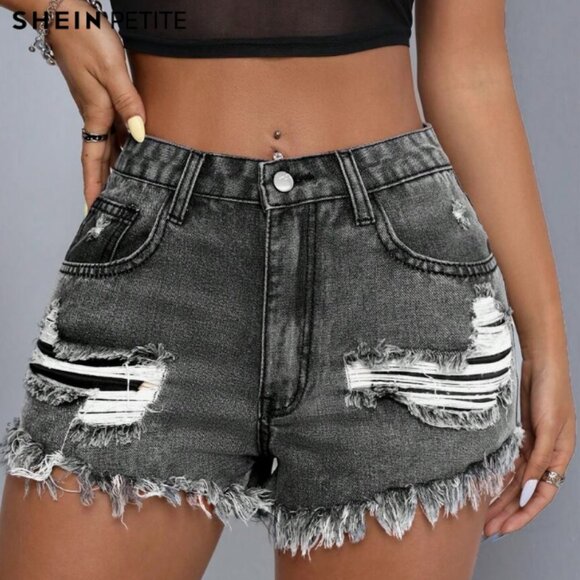 SHEIN Denim Shorts, Frayed Hem, Ripped Detail, Pockets Size Petite Extra Small - Picture 1 of 2